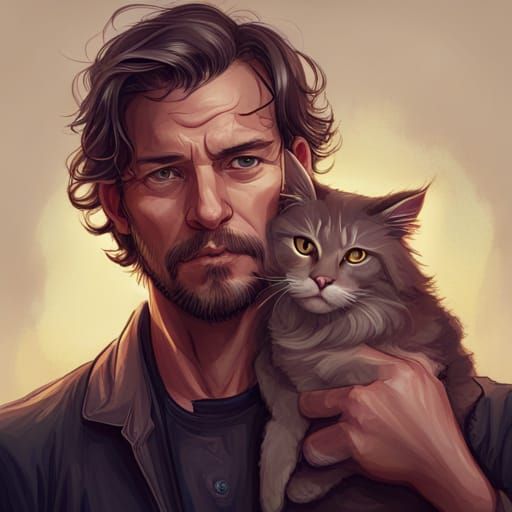 Man and Cat Portrait in Hyperdetailed Style