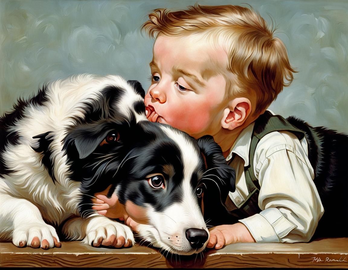 Boy and Puppy Kiss, Rockwell Style