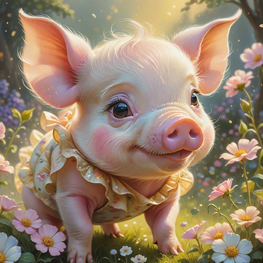 Adorable Piglet in Garden, Gouache Fantasy Painting