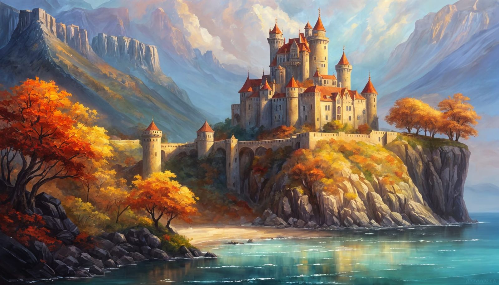 Enchanted Castle Overlooking Ocean in Autumn Glow