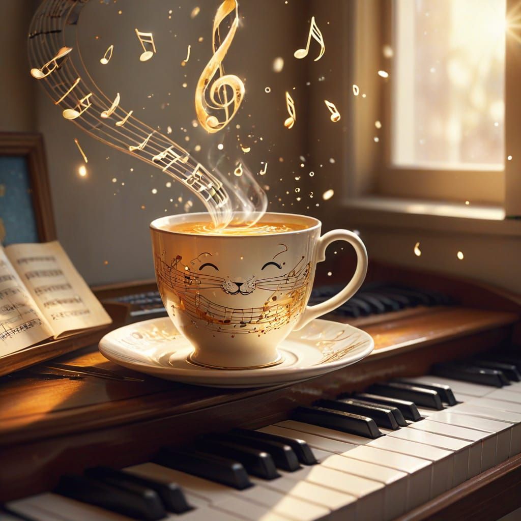 Whimsical Watercolor Cup Plays a Happy Tune on a Vibrant Pia...