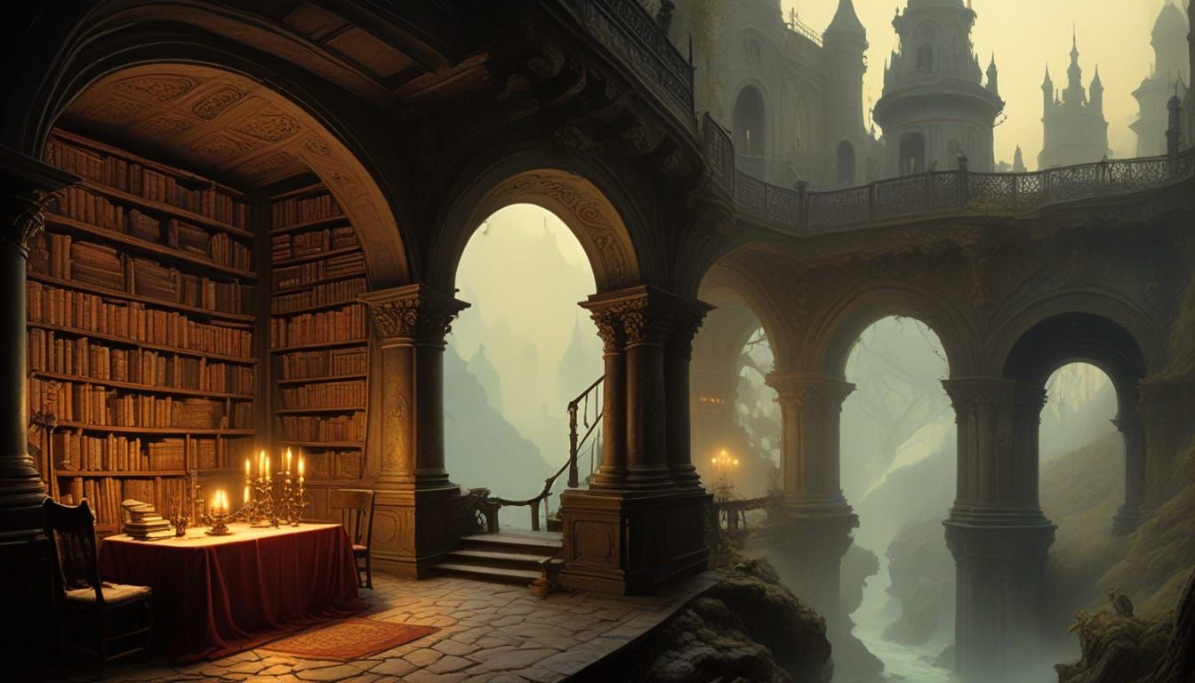 Gothic Library Cave Sanctuary in Dark, Mystical Realism