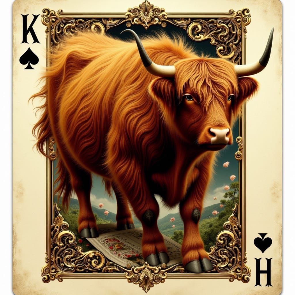 Majestic Highland Cow Emerge from Vintage Playing Card in Wh...