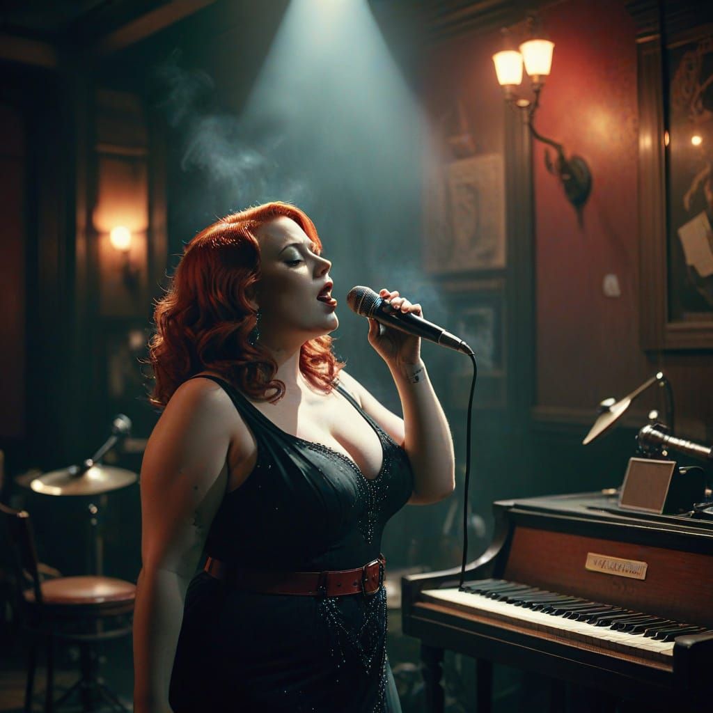 Soulful Jazz Singer in Smoky Speakeasy, Cinematic Still