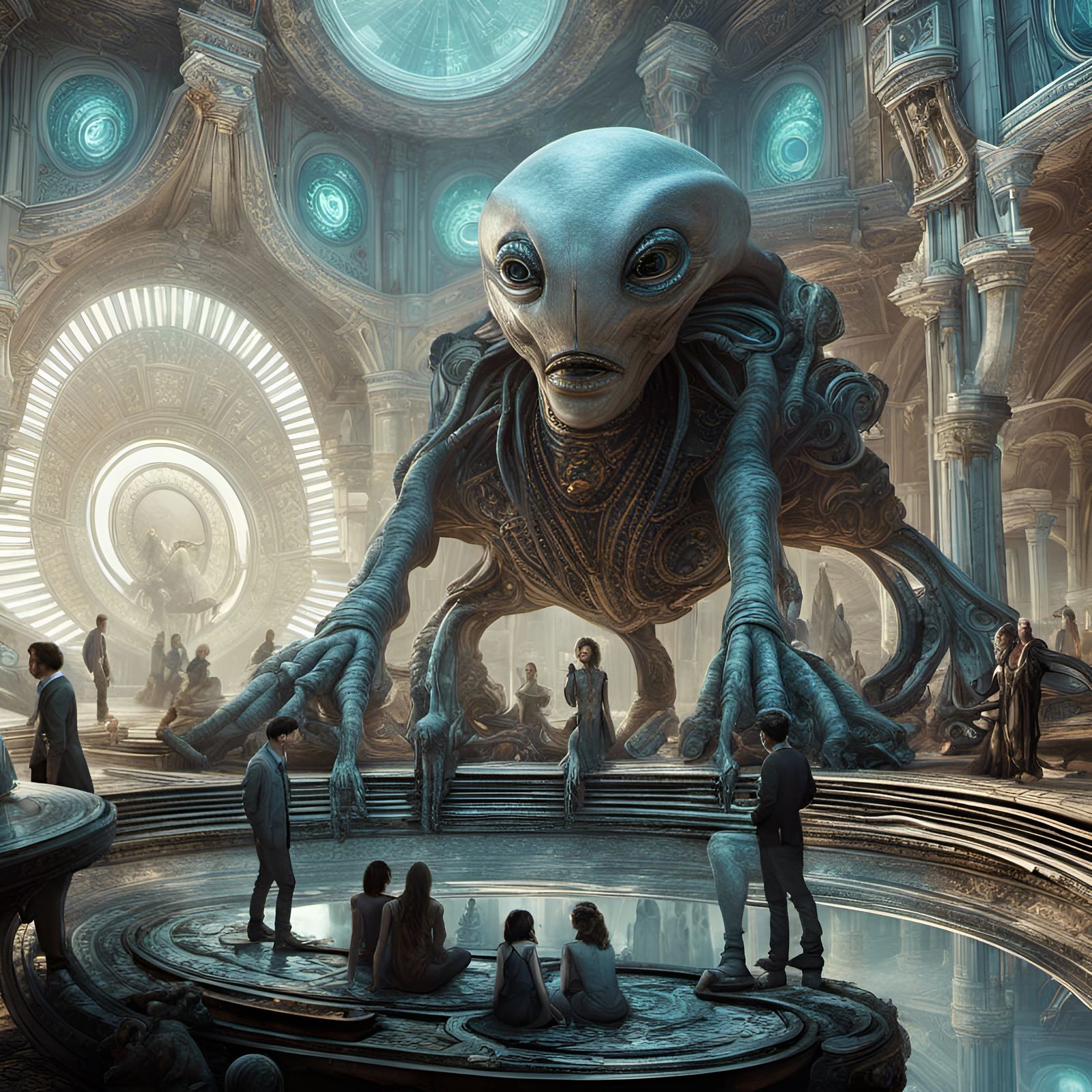 Futuristic Social Gathering in Hyperrealistic Detail