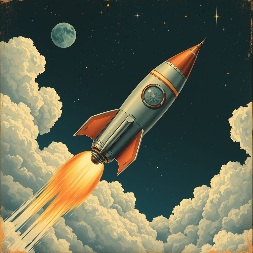 Vintage Rocket Ship in a Starry Night Sky, Art Deco Style