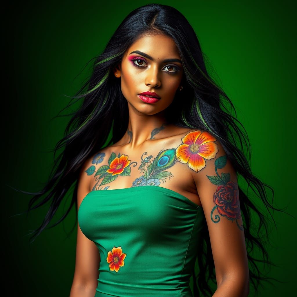 Indian Woman with Floral Tattoos in Surreal Scene