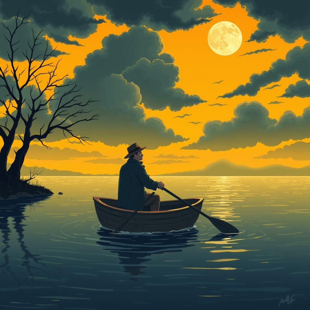Man in Boat on Lake Digital Illustration