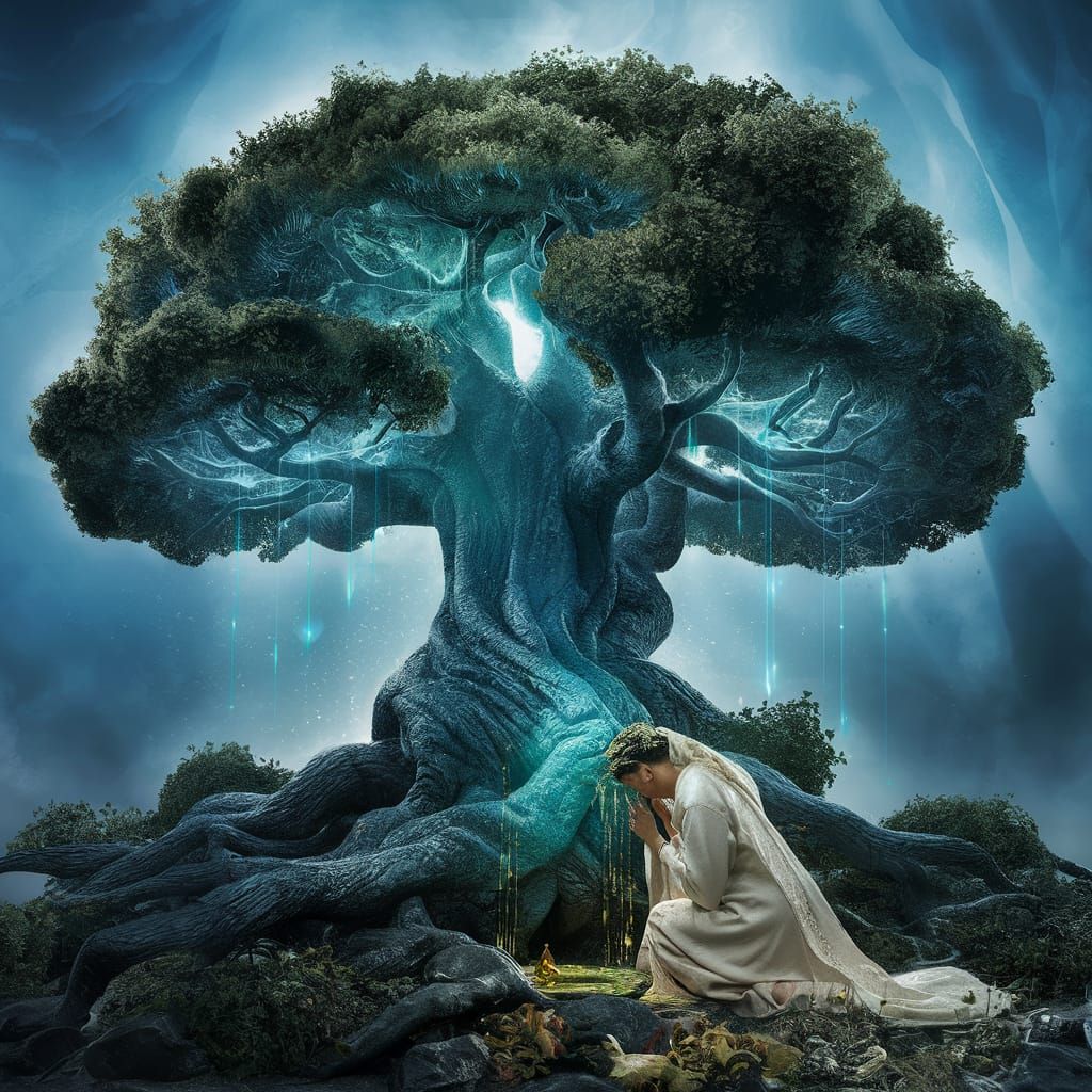 Mystical Tree Radiating Light in Surreal Fantasy Scene