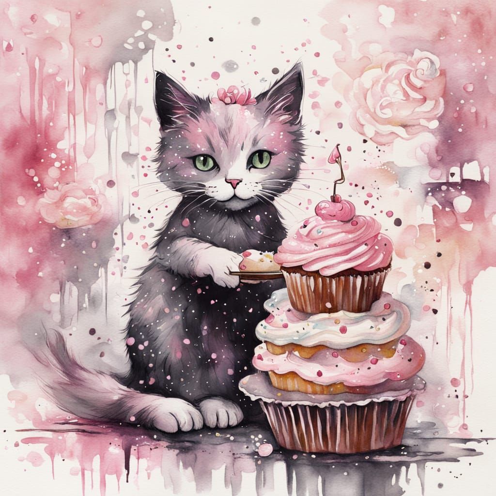 Baker Cat Decorating Cupcake in Fairy Tale Bakery