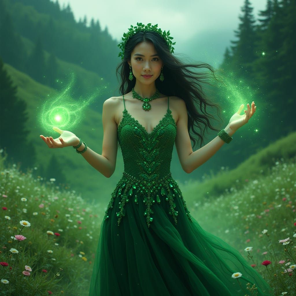 Mystical Enchantress Surrounded by Emerald Orbs in a Lush La...