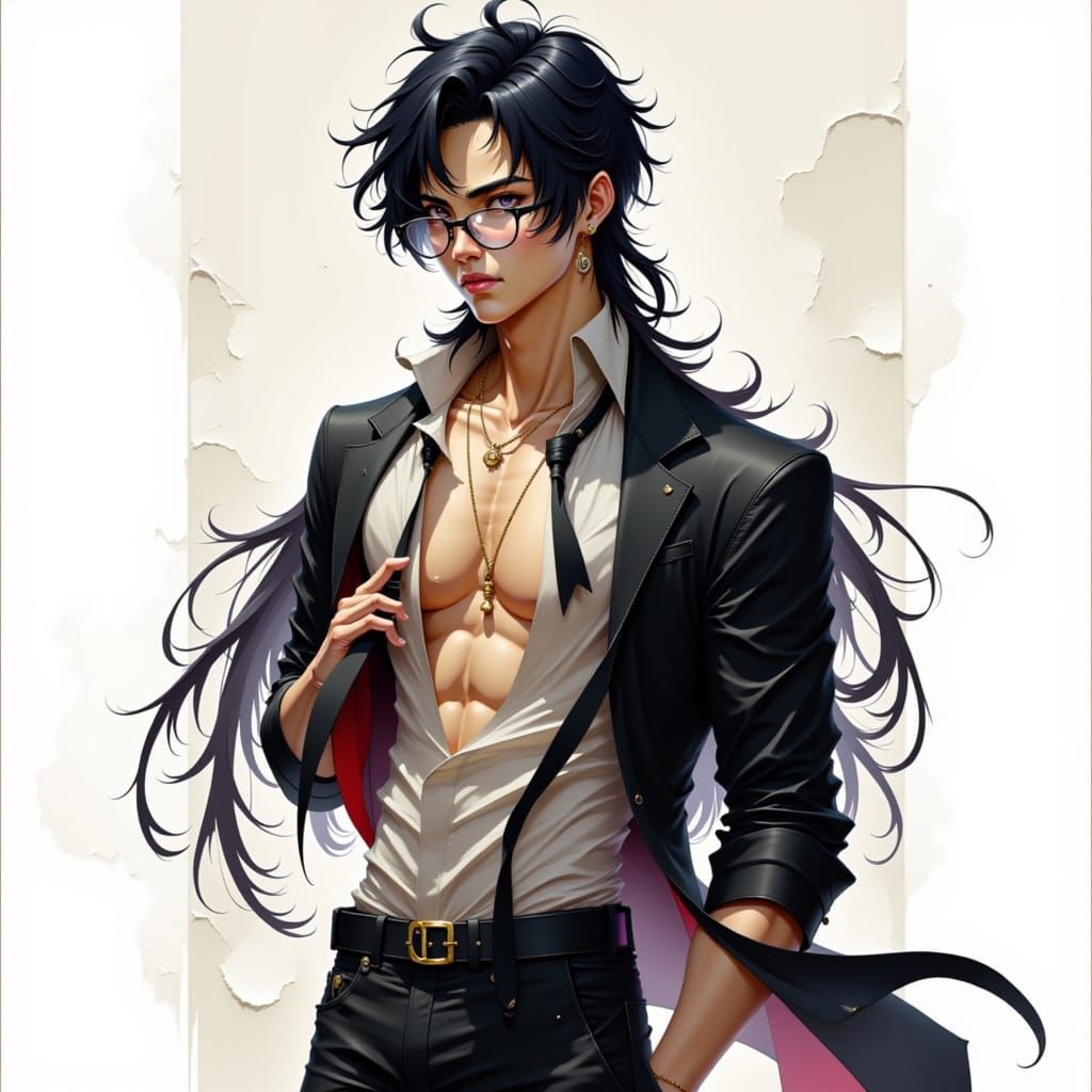 Elegant Bishounen Portrait with Flowing Hair