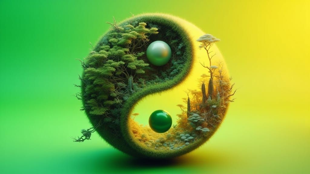 Surreal Yin-Yang with Futuristic 3D Elements