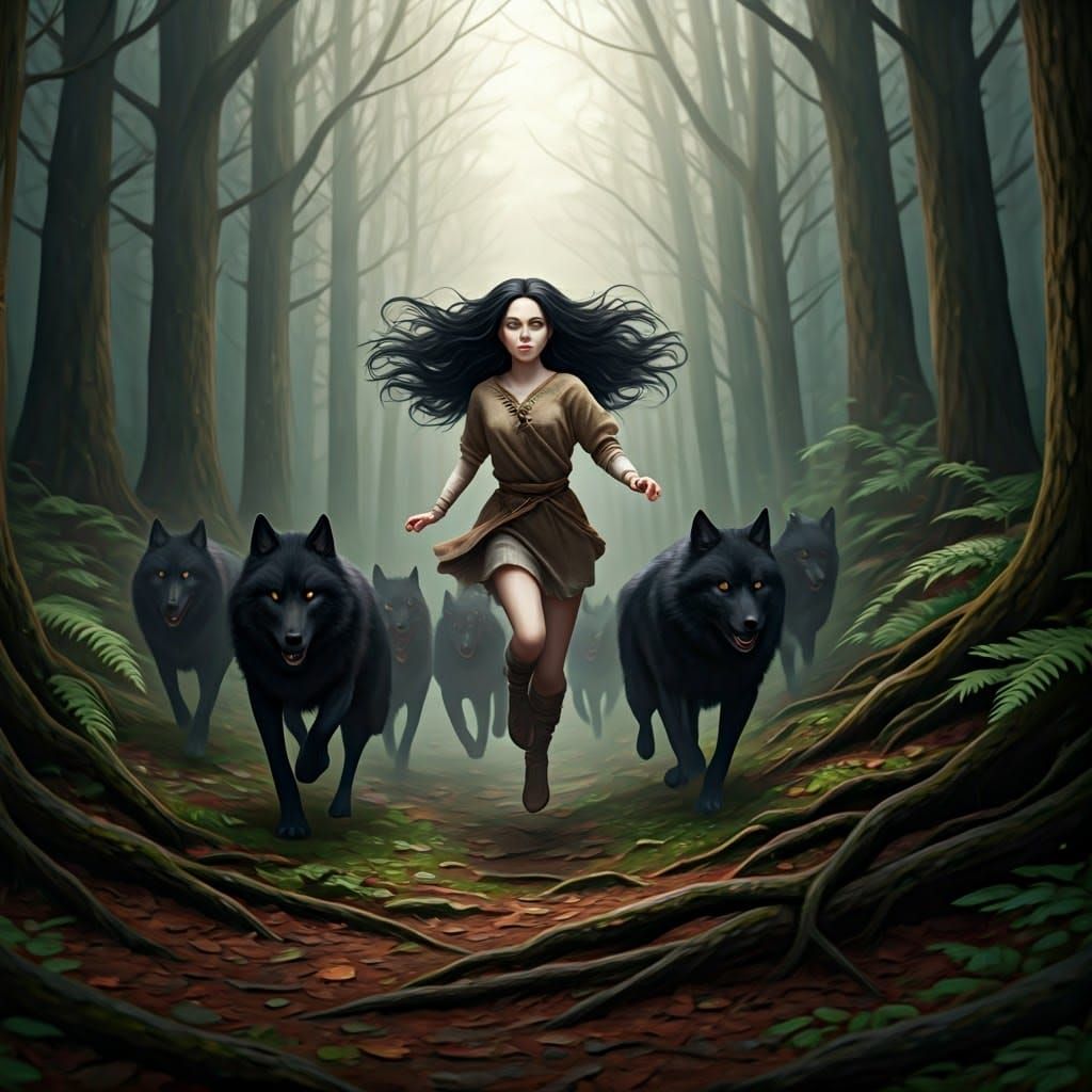 Girl and Wolves in Misty Forest
