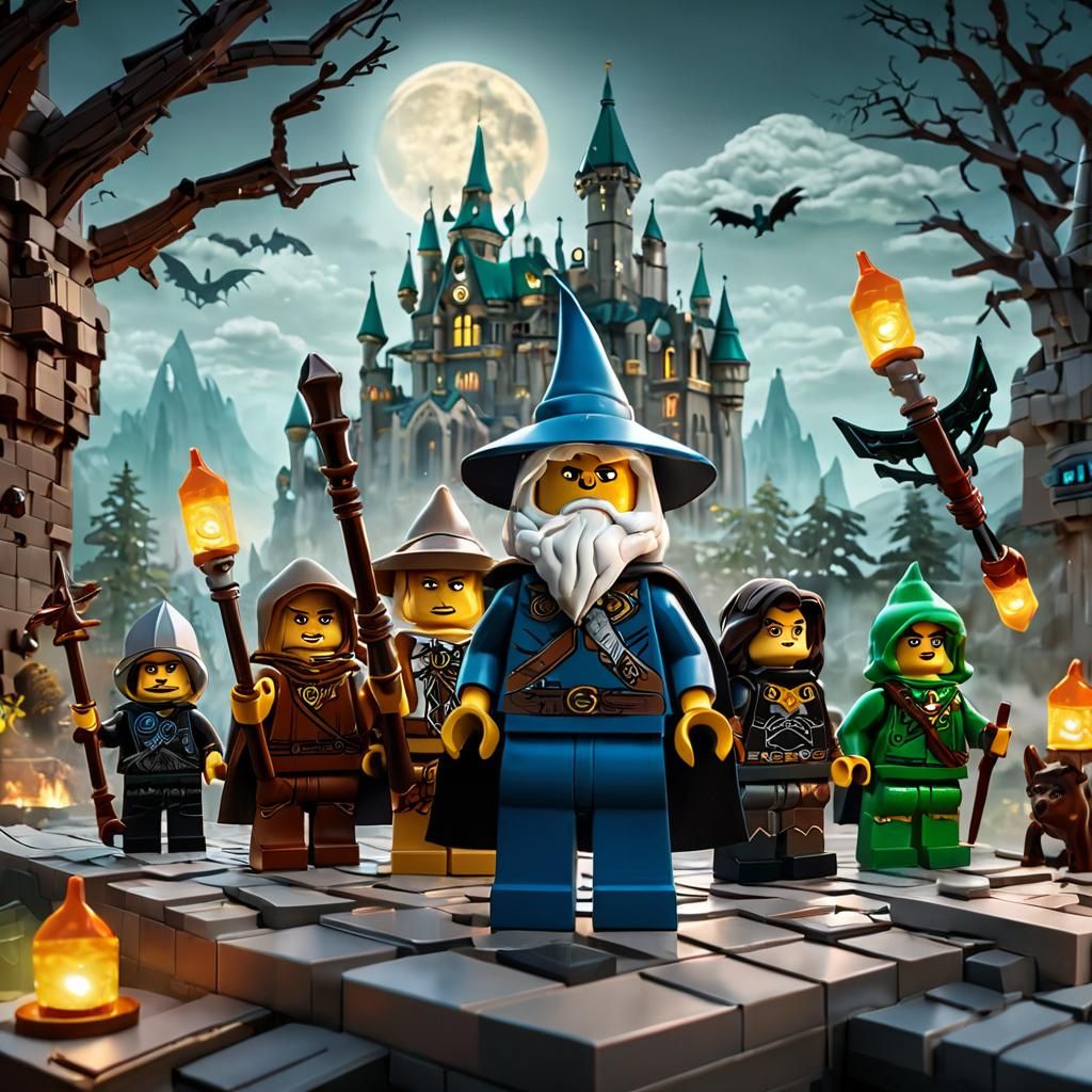 Lego D&D Party Under Ominous Eyes in Dark Fantasy Art