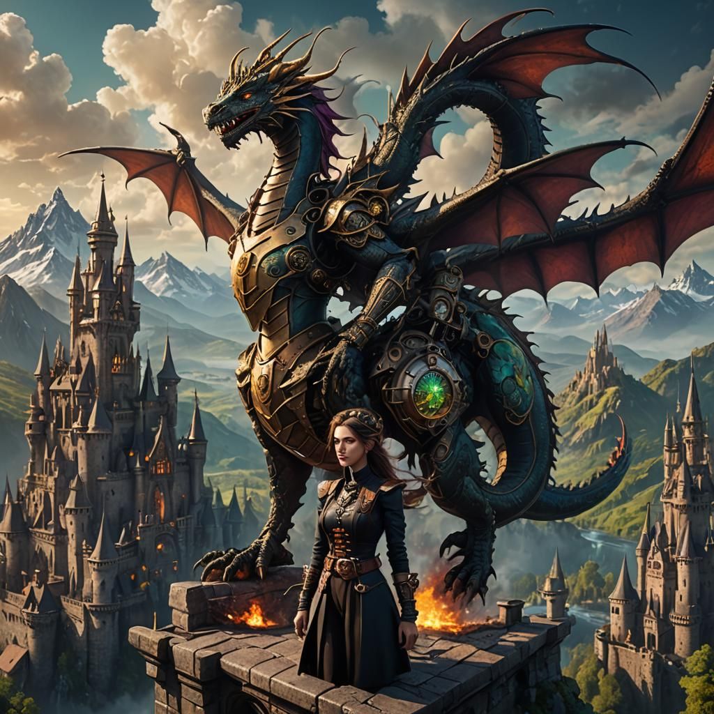 Steampunk Girl and Dragon Under Aurora Borealis