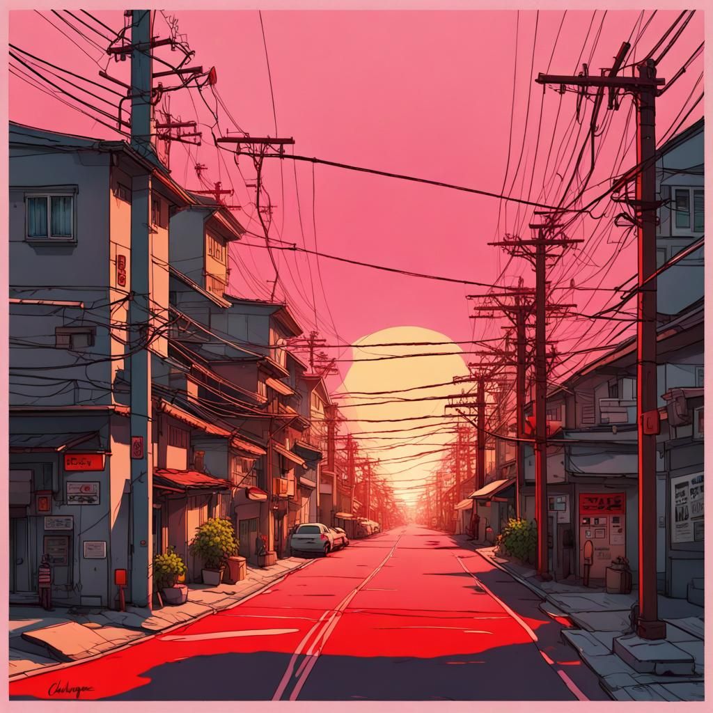 A street filled with lots of power lines, a digital painting, tumblr, ukiyo-e, red sun, anime. soft lighting, summer mor...
