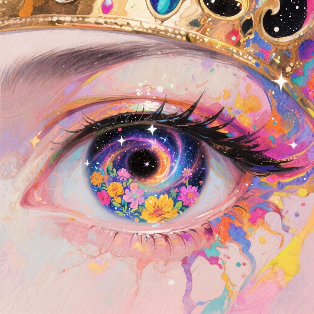Queen's Eye Reflecting Cosmic Flowers in Painterly Style