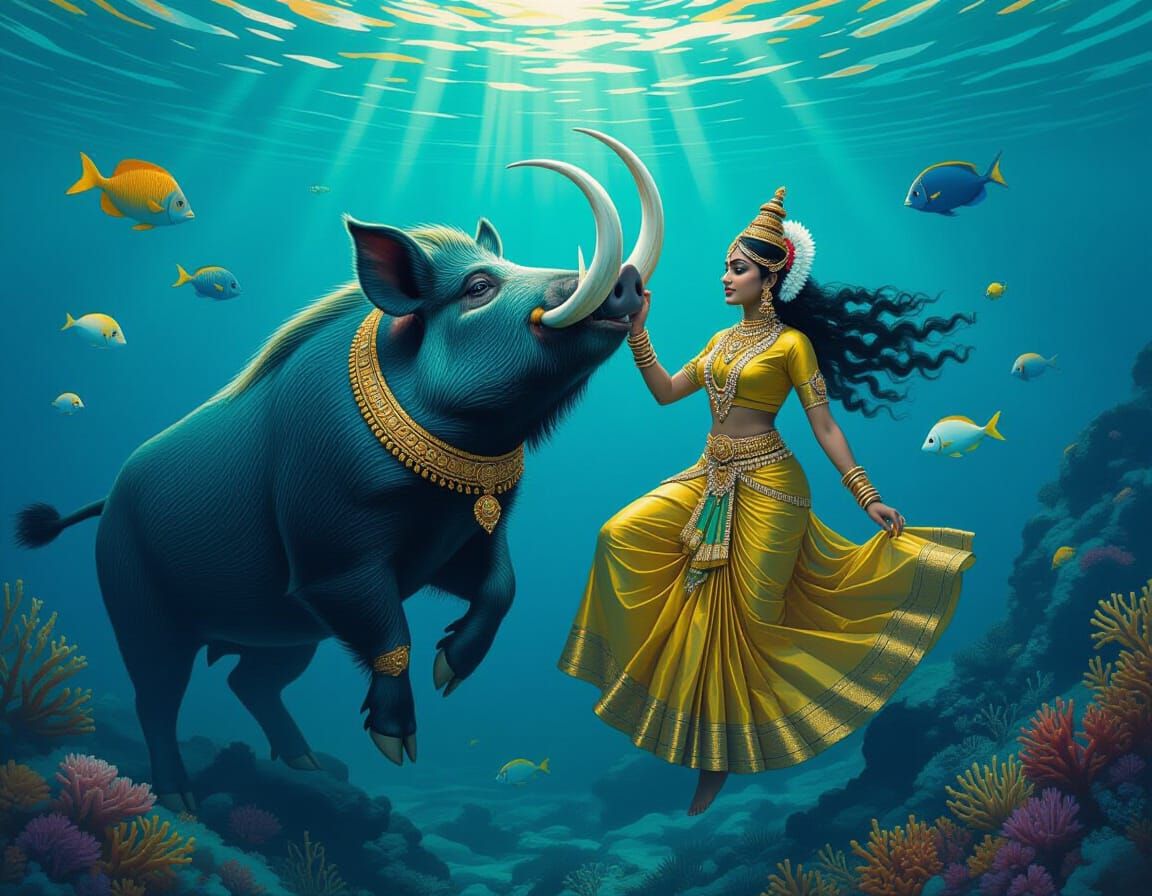 Boar God Lifts Bhumi From Ocean Depths