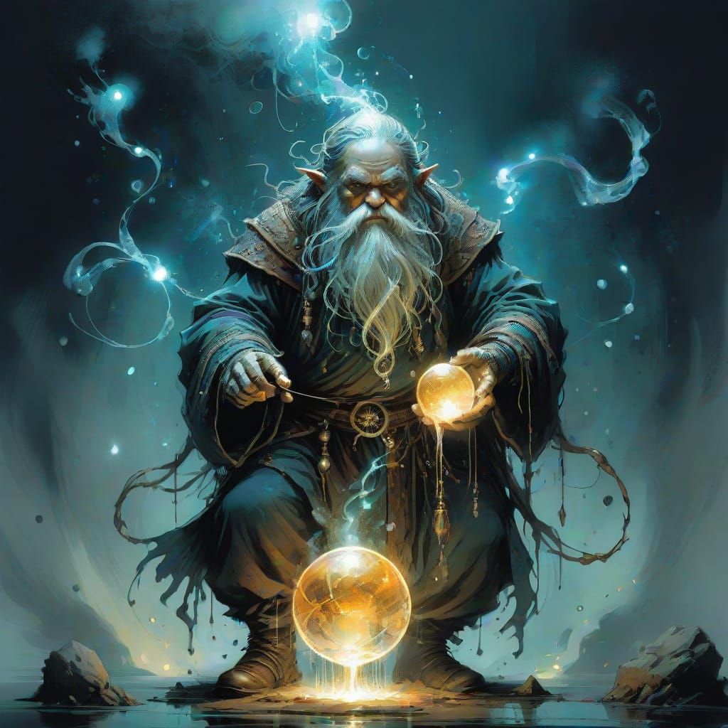 Mystic Dwarf Confronts Celestial Waters in Dark Fantasy