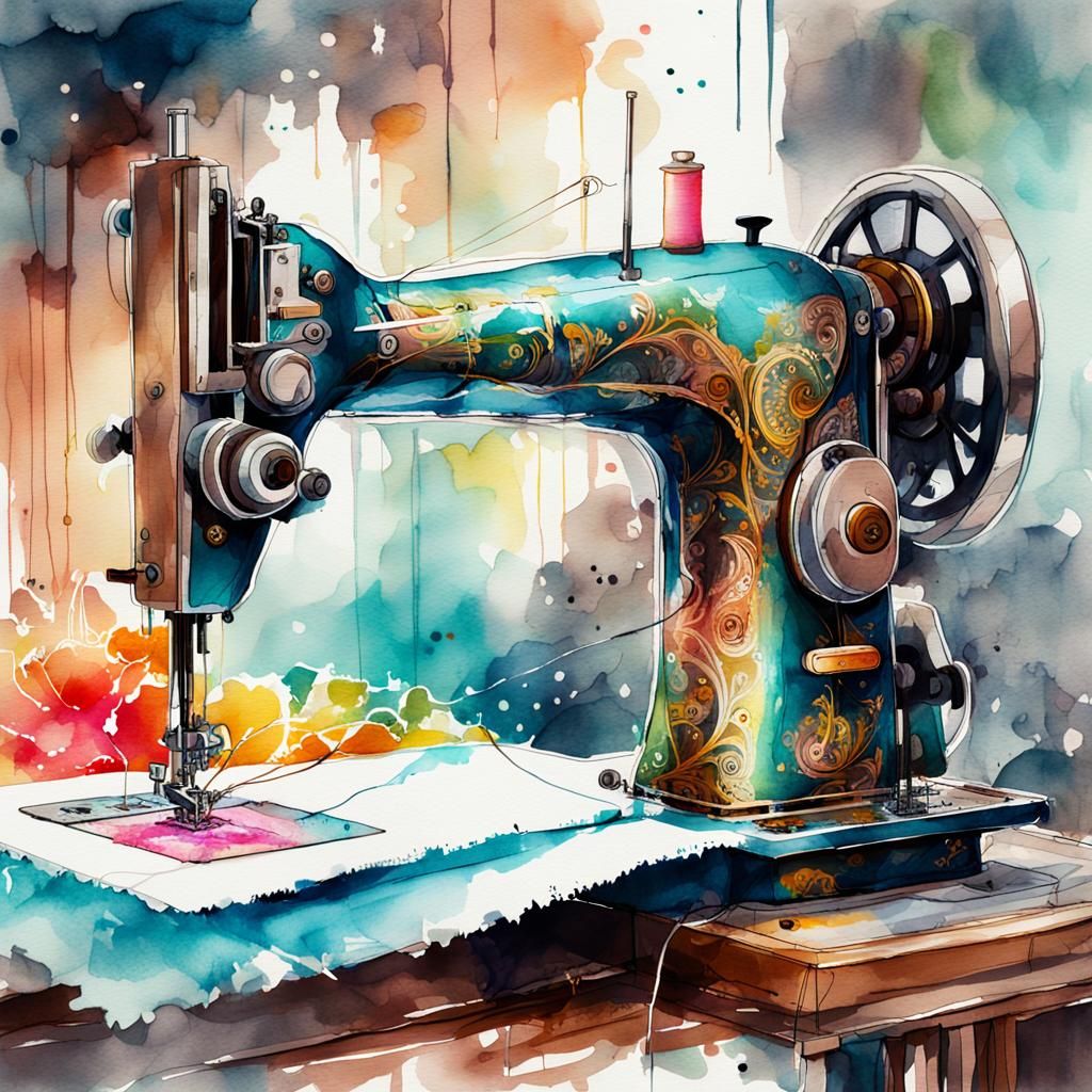 Electric Sewing Machine in Watercolor Style