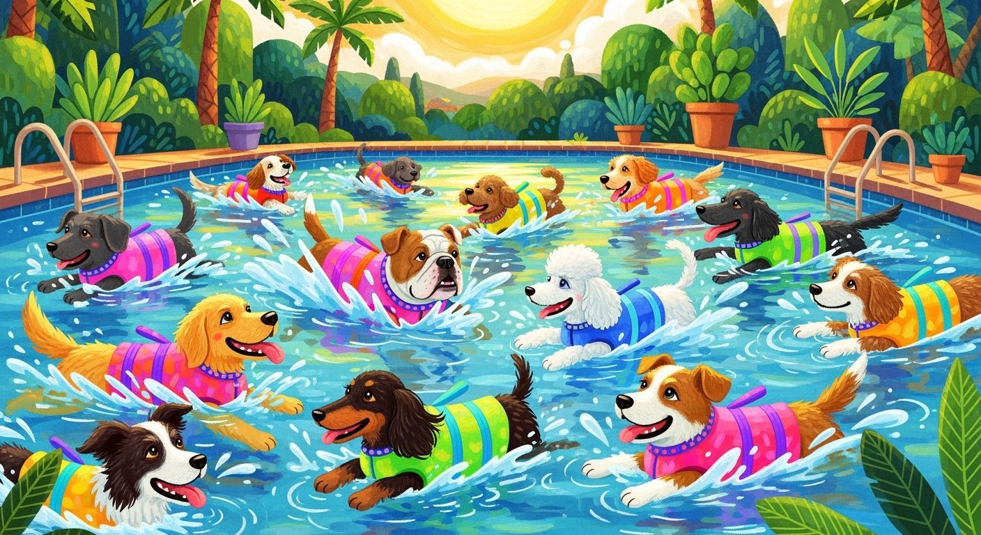 Dogs' Pool Party: A Playful Illustration in Loish Style