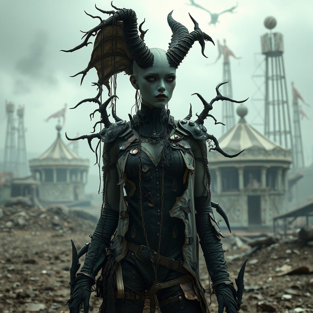Post-Apocalyptic Demoness in Surreal Landscape