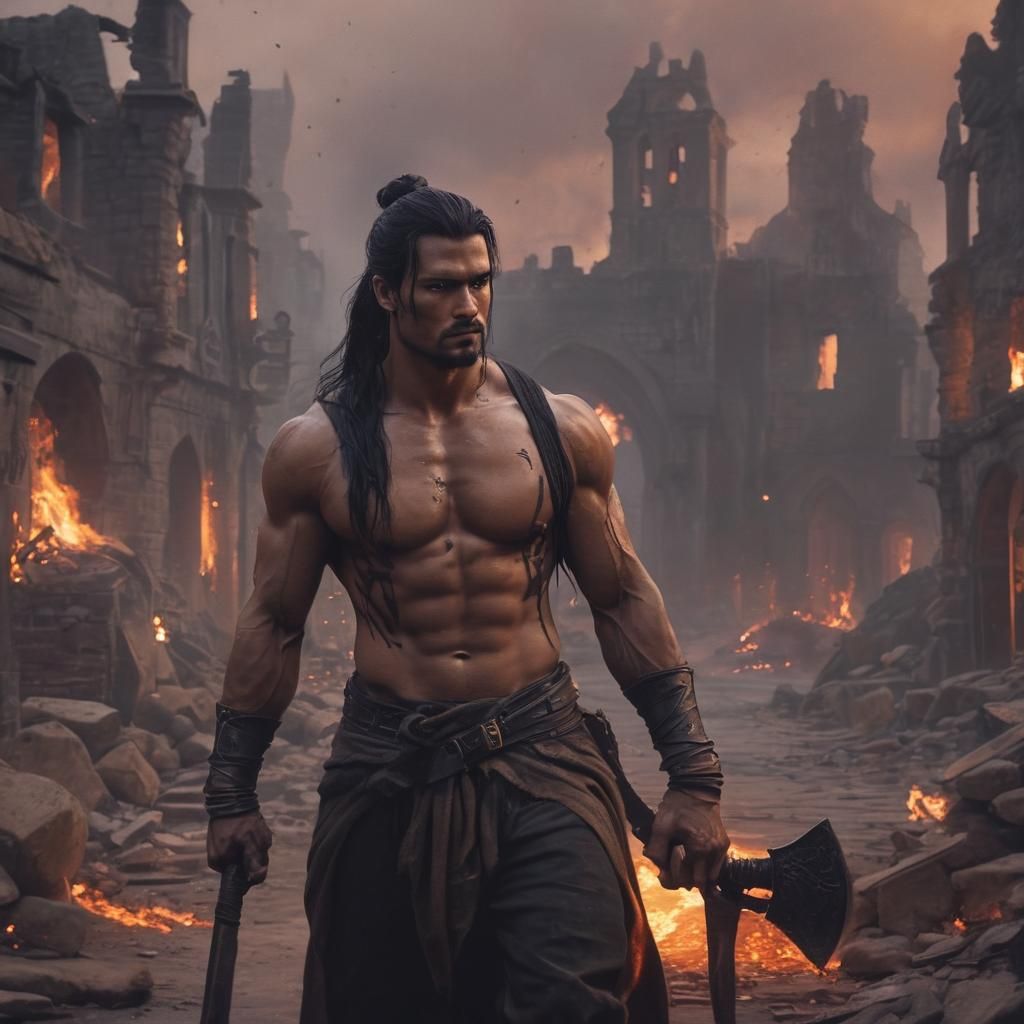 Medieval Warrior in Burning Town: Dark Fantasy Art