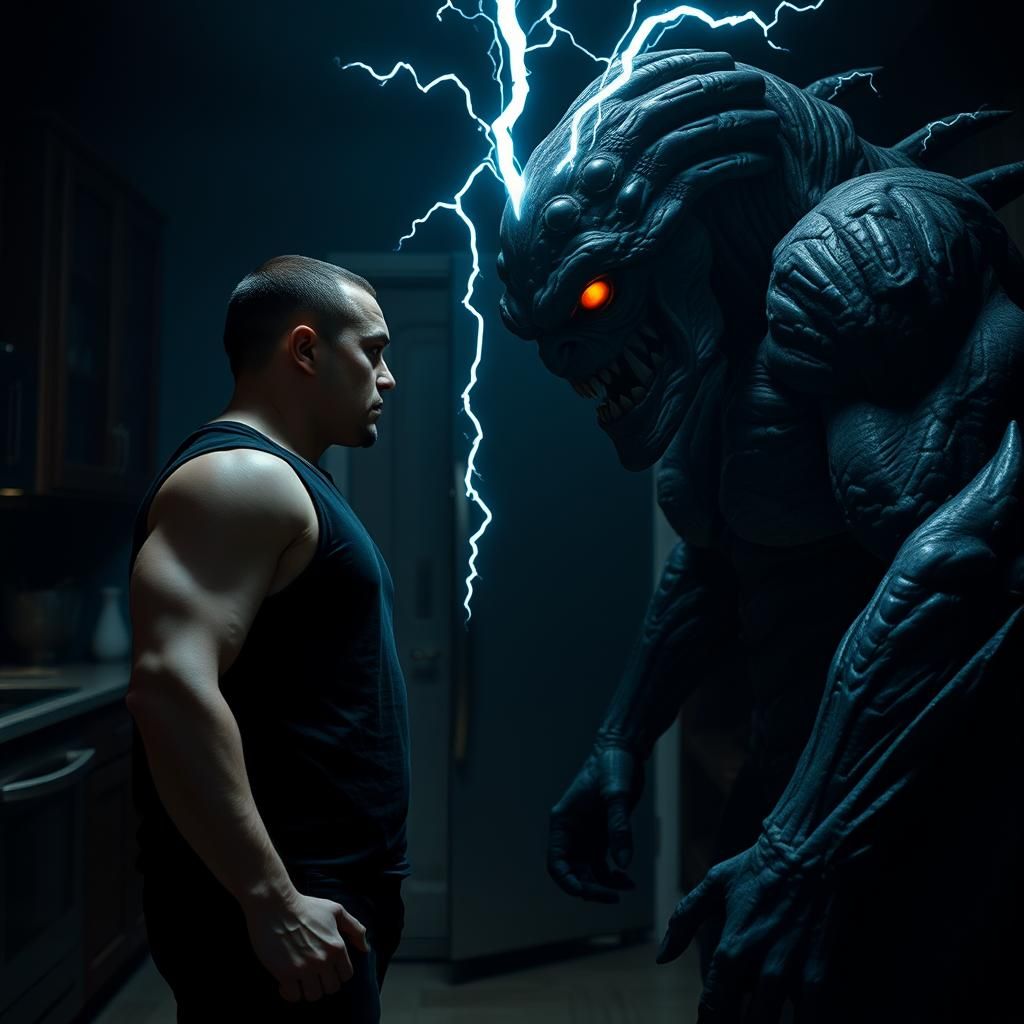 Epic Staredown: Man vs Dobby-Drako Fusion in Ominous Kitchen