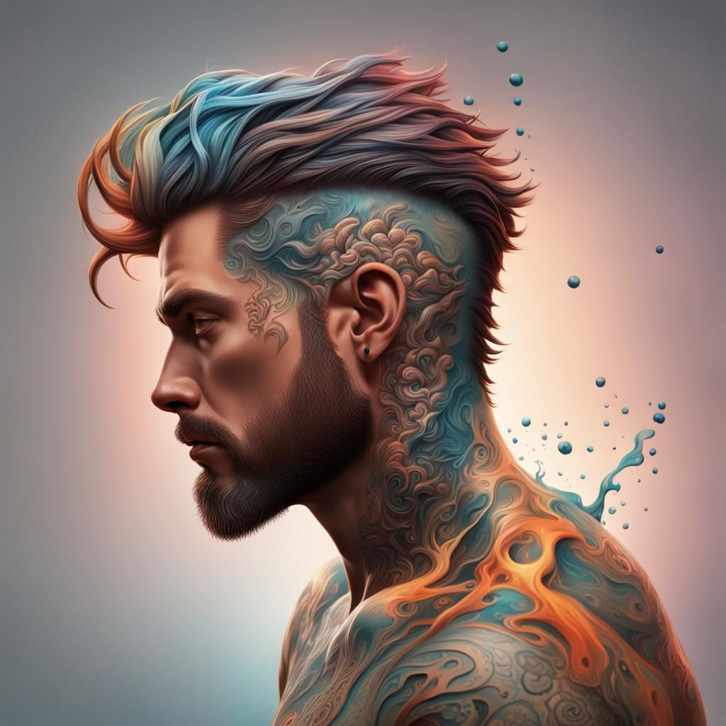 3D Tattoo on Grey-Haired Man: Hyperrealistic Splash Art