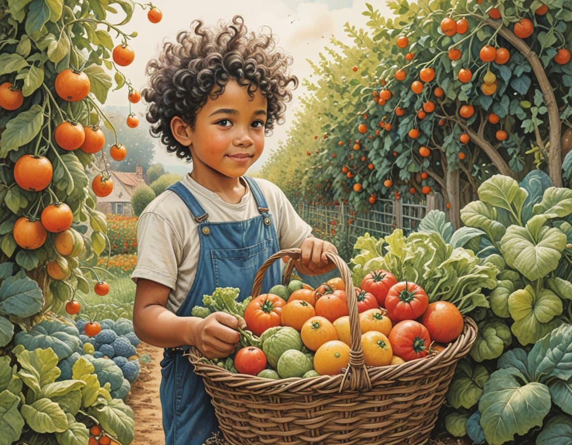 A Mixed Race Boy Harvests Fruits and Veggies in a Whimsical ...