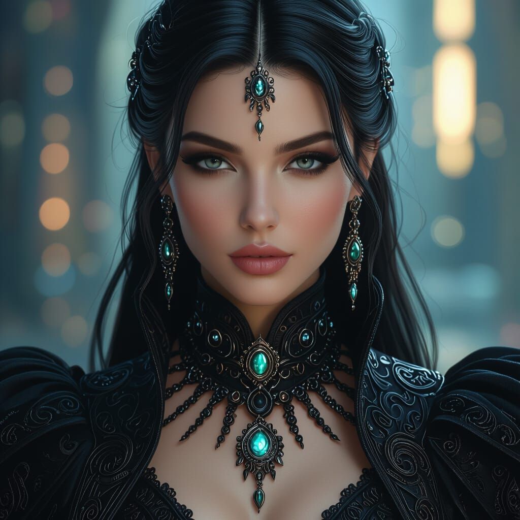 Woman in Futuristic Jewelry with Intricate Black Clothing