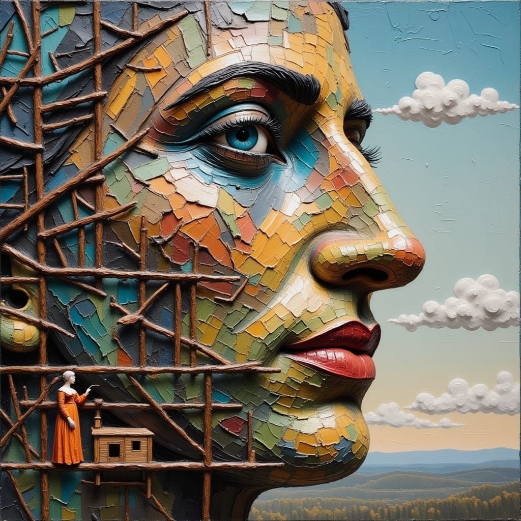 Tiny Artists Painting Giant Face in Realistic Style