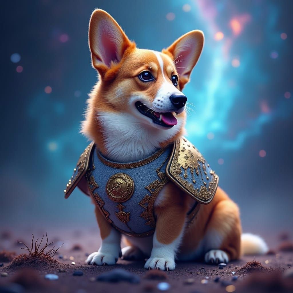 Armored Corgi in Holographic Astral Style