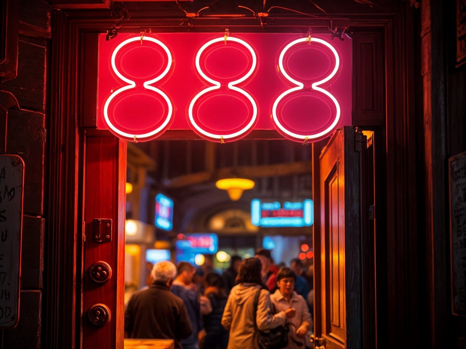 Vintage Neon Sign Adorns a Weathered Door in a Golden Ambian...