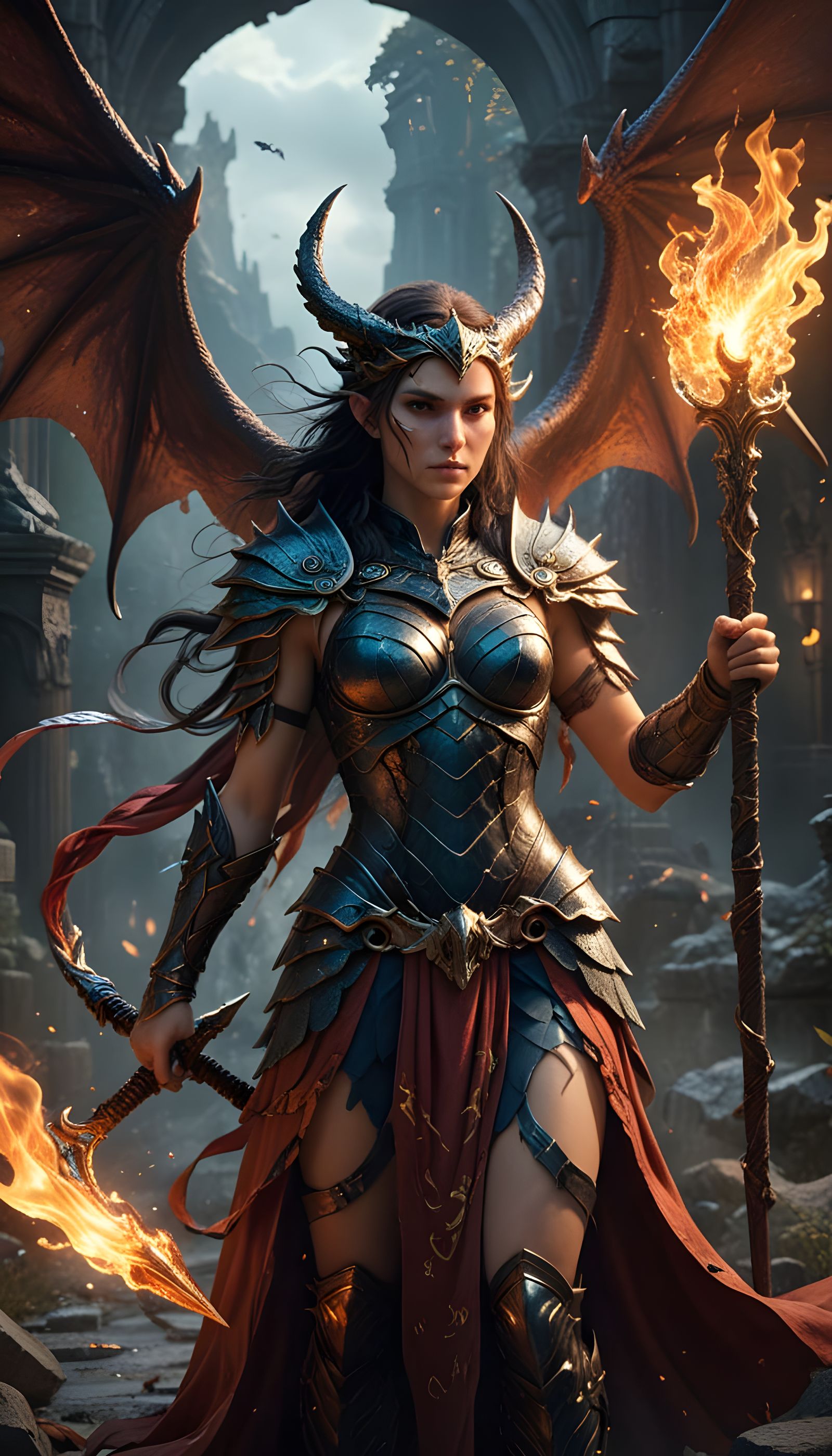 Surreal Goddess Battles Fearsome Demon in Ray-Traced Style