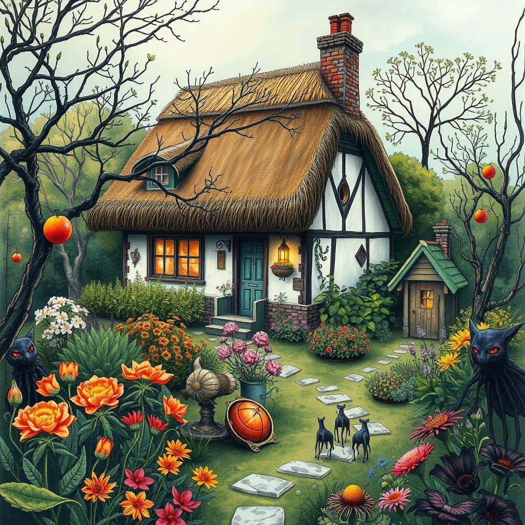 Whimsical Watercolor Cottage Amidst a Haunting Garden