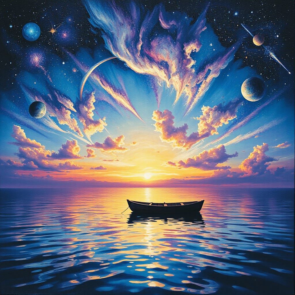 Dreamlike Galaxy Sunset Over Calm Ocean