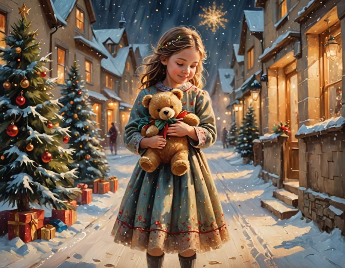 Girl with Teddy Bear: Christmas Oil Painting