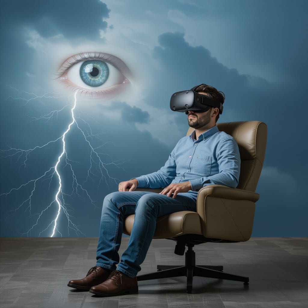 VR User Watched by Eye in Stormy Sky
