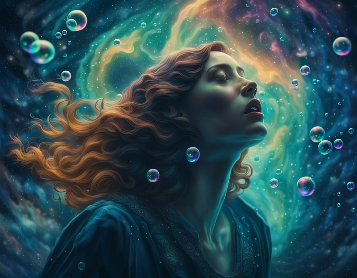 Nebula Ocean: A Woman's Descent in Art Nouveau Style