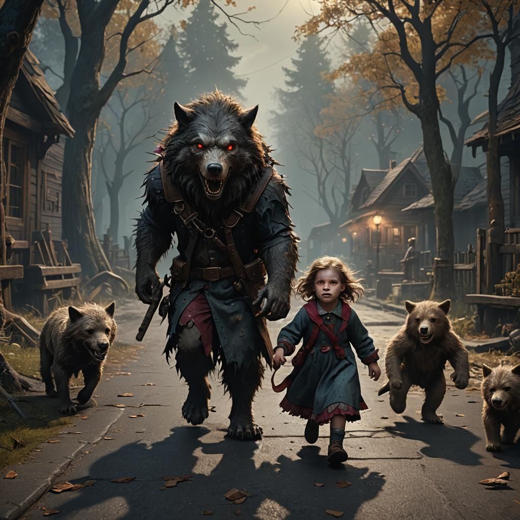 Startled Werewolves Encounter Cute Girl with Teddy