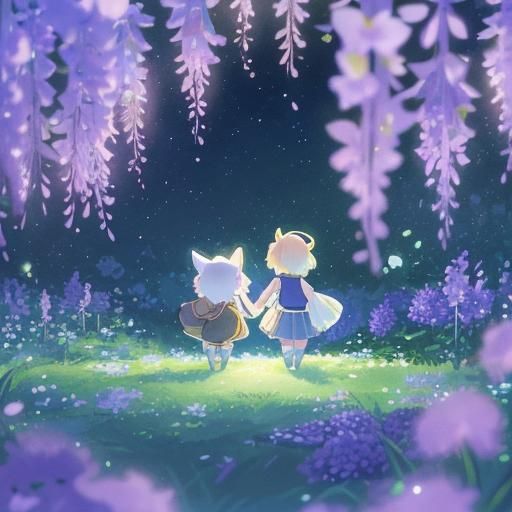 Enchanting Deer Embrace Under Wisteria, Anime Art