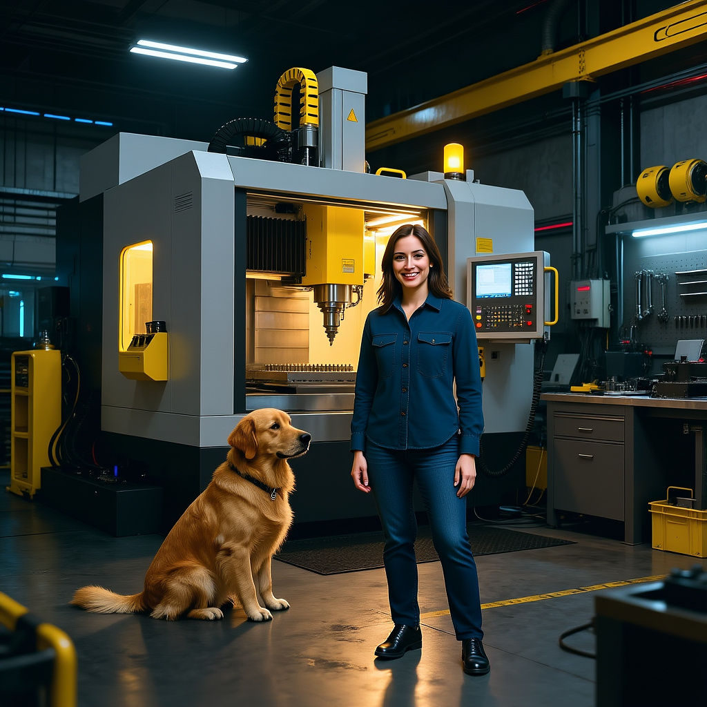 Golden Retriever in Futuristic Sci-Fi Machine Shop