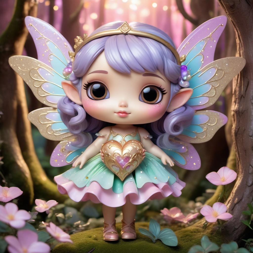 Disney Pixar style 3D adorable kawaii Chibi fairy wearing a pastel dress with gold designs, with giant sparkly colorful ...
