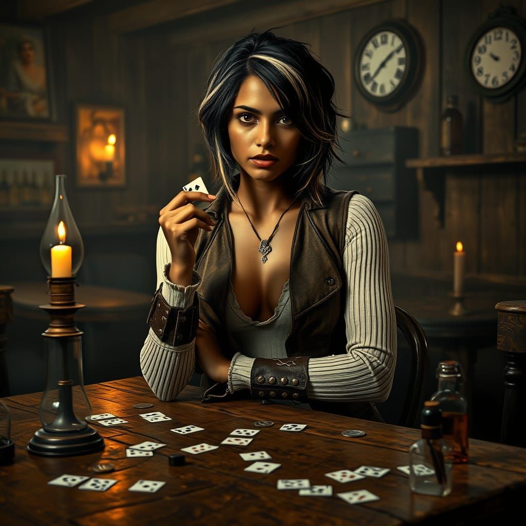 Steampunk Woman in Tavern, Photo-Realistic Scene