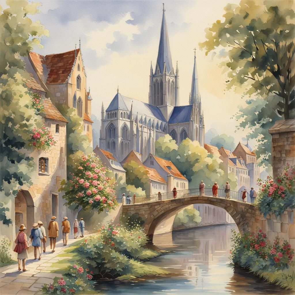 Picturesque Cityscape with Cathedral in Watercolor Style