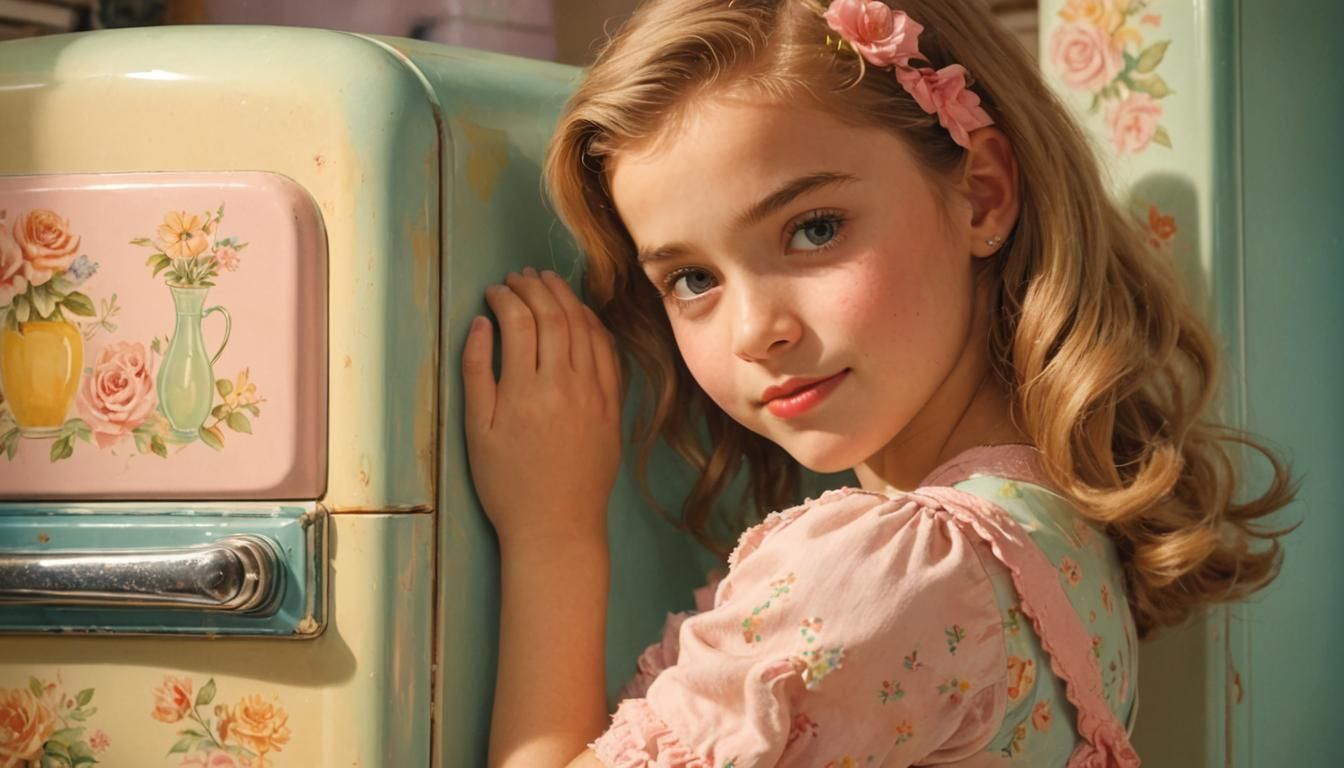 Nostalgic Retro Art: Girl Cuddling Vintage Refrigerator