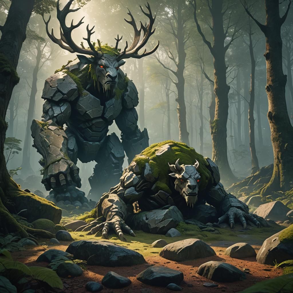 Rock Golem and Deer in Misty Forest