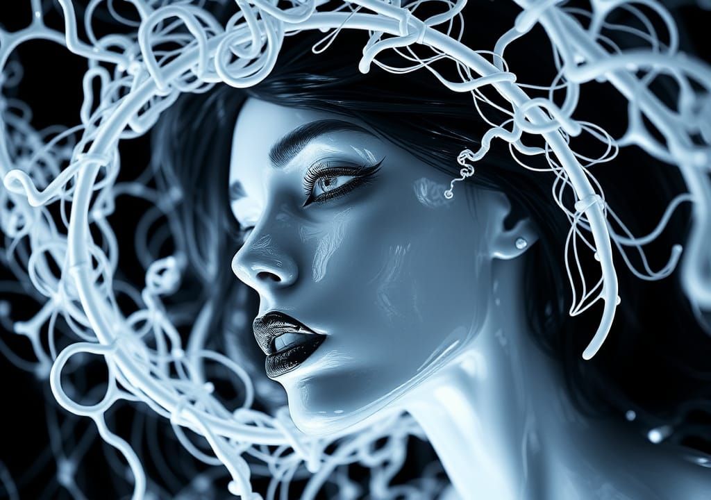 metamorphosis, 3D glossy hypnotic Mandelbrot set, glasfiber-...